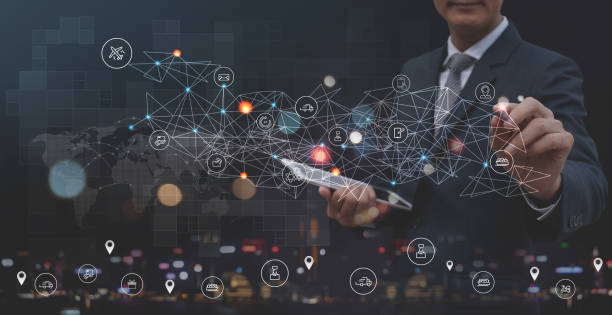 istock Global logistics network distribution and transportation, Smart logistics, supply chain concept, Business man touching on interface panel of global network distribution 1401715279