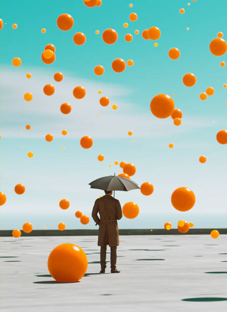 cconcept image of orange balls falling from the sky in a surreal way - color balls imagens e fotografias de stock