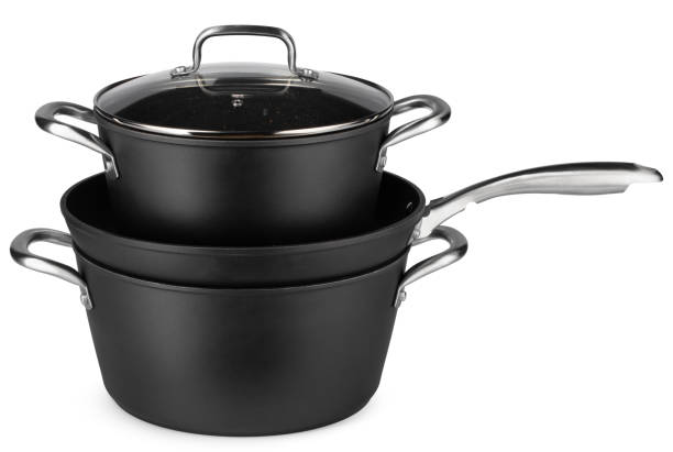 New set of black cookware isolated on white background