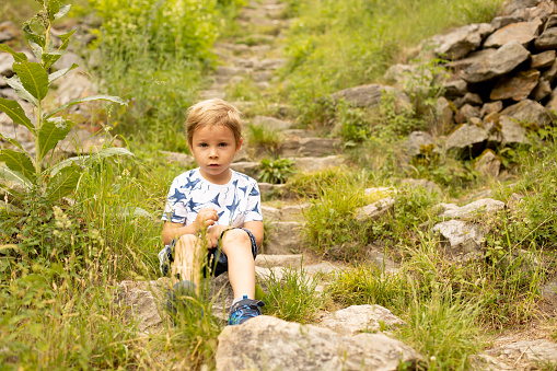 Child, visiting ruins Divci Kamen, Maiden Stone Castle in Czech Republic, near Ceske Budejovice