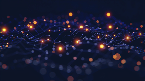 Blue network with bright orange dots and shallow depth of field 4k 3d render