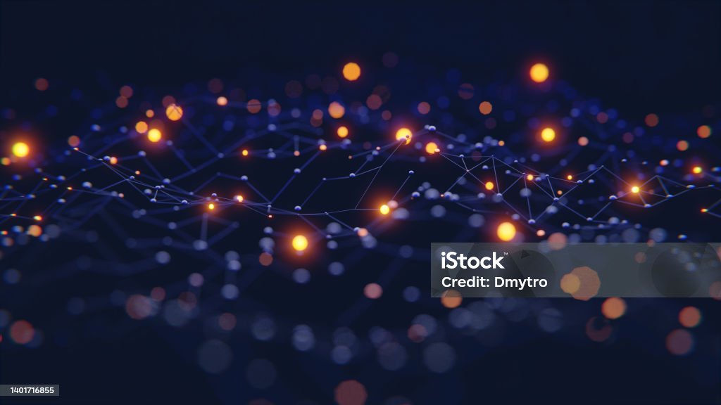 Blue network with bright orange dots and shallow depth of field 4k 3d render Blue network with bright orange dots and shallow depth of field 4k 3d render. High quality 3d illustration Technology Stock Photo