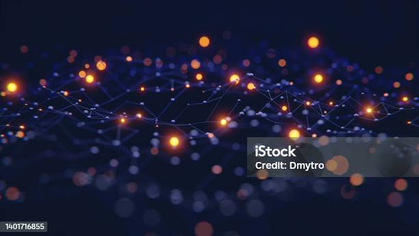 Blue Network With Bright Orange Dots And Shallow Depth Of Field 4k 3d Render Stock Photo - Download Image Now