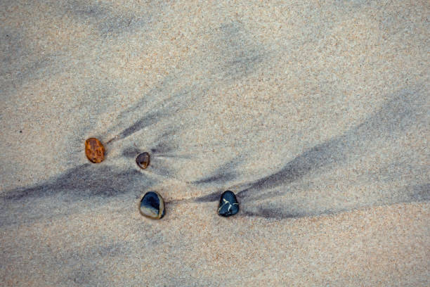 Four stones on the wet sandy beach of the Danish North Sea coast stock photo