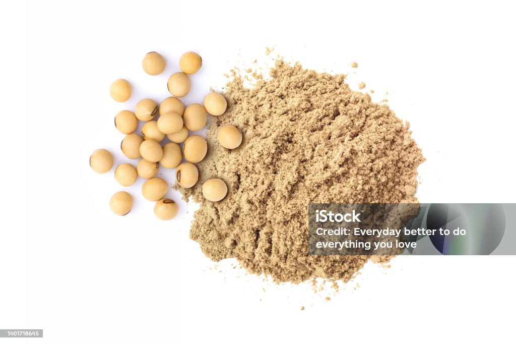 Soybean protein powder Soy protein powder or soya flour and soybeans isolated on white background. Top view. Flat lay. Soybean Stock Photo