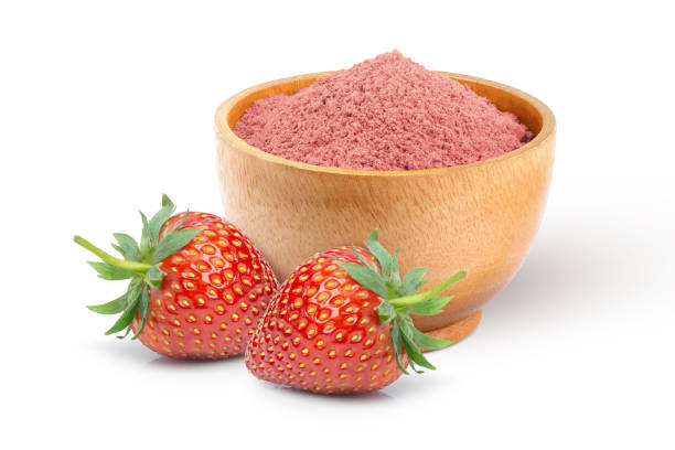 Strawberry protein powder Strawberry protein powder in wooden bowl and fresh strawberries fruit isolated on white background. bodybuilding supplement stock pictures, royalty-free photos & images