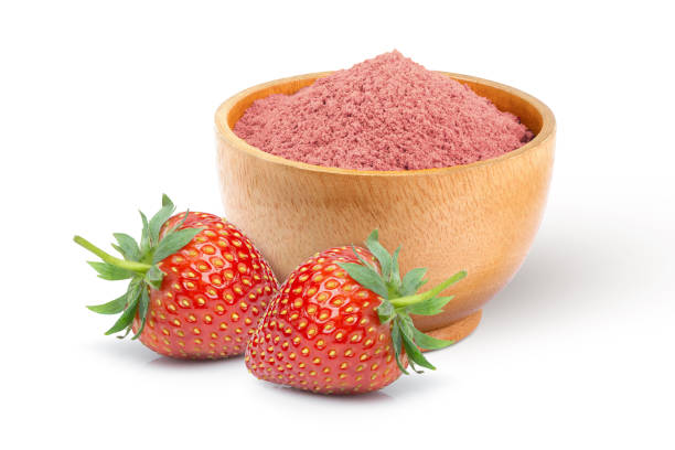 Strawberry protein powder Strawberry protein powder in wooden bowl and fresh strawberries fruit isolated on white background. strawberry crush stock pictures, royalty-free photos & images