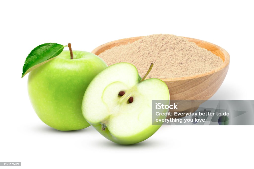 Apple pectin fiber powder Apple pectin fiber powder in wooden bowl and fresh green apple with cut in half slice isolated on white background. Dietary Fiber Stock Photo