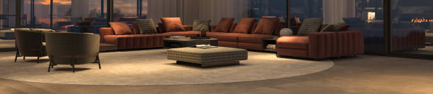 istock Modern luxury interior with panoramic windows. Minimal apartment design living room with night lighting. 3d render illustration. Web banner. 1401719976