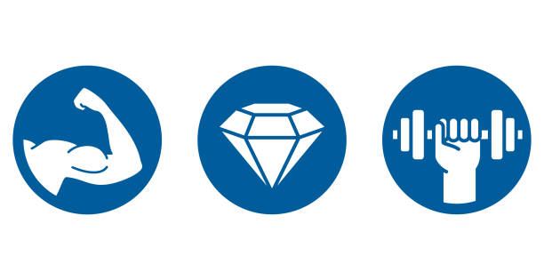 Hardness and strength icons set Hardness, power and strength icons set for sports nutrition or material properties hardness stock illustrations