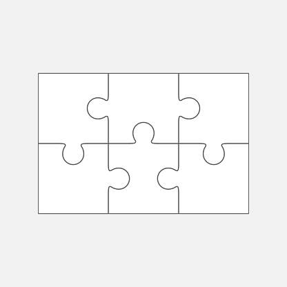 Six jigsaw puzzle parts, blank vector 2x3 pieces isolated
