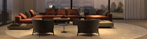 istock Modern luxury interior with panoramic windows. Minimal apartment design living room with night lighting. 3d render illustration. Web banner. 1401720617