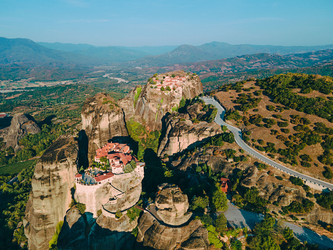 meteora monastery aerial view Thessaly mountains Greece summertime