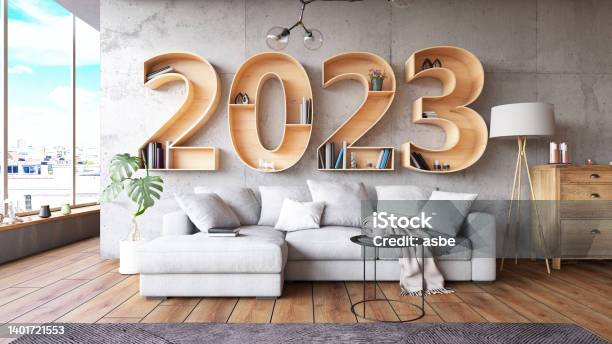 2023 Bookshelf With Cozy Interior Stock Photo - Download Image Now - 2023, New Year's Eve, New Year