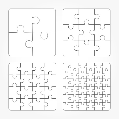 Jigsaw puzzle four vector templates set, blank simple pieces