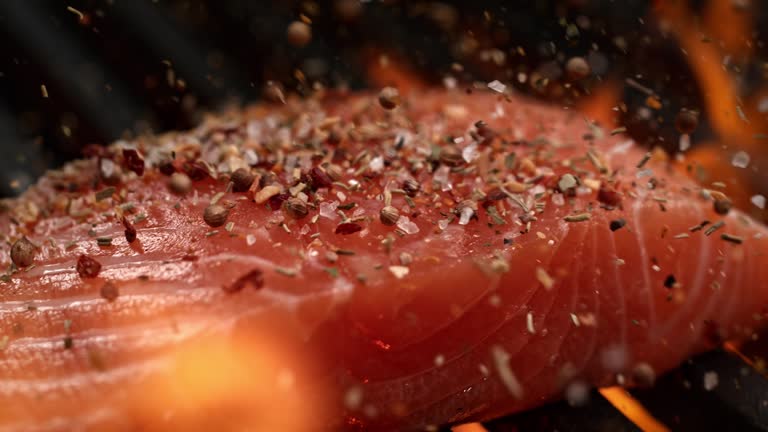 Salmon Fillet Seasoned with Spice Mix in Slow Motion - Macro Dolly Shot of Barbecued Fish and Fire