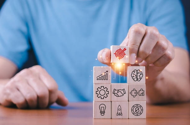 istock hand stack woods block step on table with icon Action plan, Goal and target, success and business target concept, project management, company strategy development. 1401722959