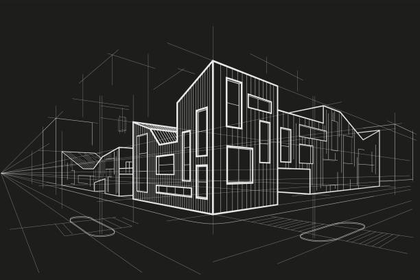 ilustrações, clipart, desenhos animados e ícones de arquitetura linear abstrata canto moderno edifício de escritórios em fundo preto - promotor imobili�ário