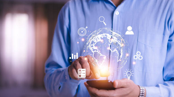 istock Man  holding virtual Global Internet connection metaverse. Business global internet connection application technology and digital marketing, Financial and banking, Digital link tech, big data. 1401723017