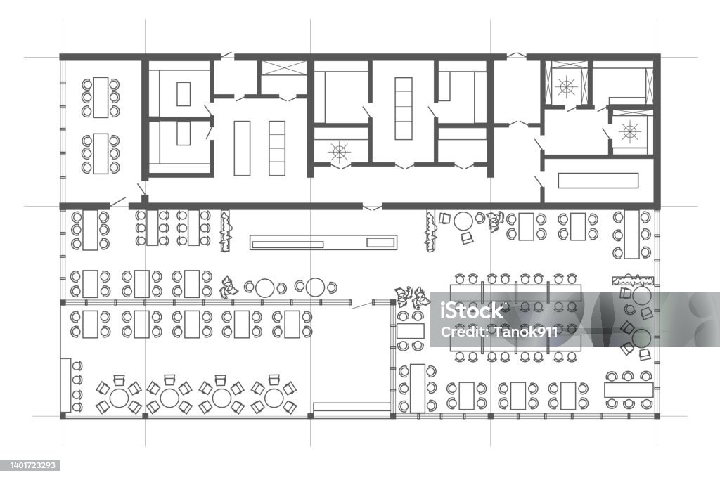 Restaurant Layout Design Rectangular Linear Technical Sketch Rectangle Restaurant With Terrace Plan On White ...