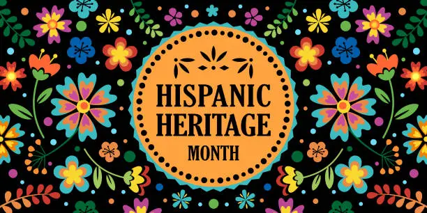 Vector illustration of Hispanic heritage month. Vector web banner, poster, card for social media, networks. Greeting with national Hispanic heritage month text on floral pattern background.