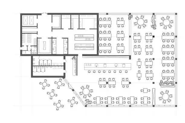 Vector illustration of Linear technical sketch restaurant with bar and kitchen zone plan on white background