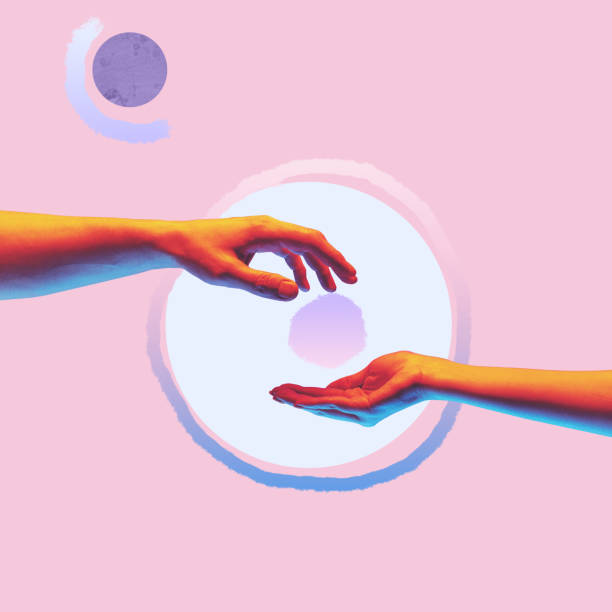 istock Contemporary art collage. Modern design work in light tender colors. Weightless human hands. Stylish and fashionable composition. Light touch of hands. 1401724557