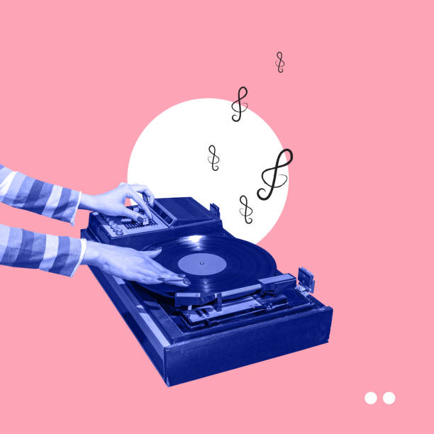 Colorful image of female hands spinning retro vinyl record player like a dj isolated over pink background. Contemporary art collage. Poster graphics Colorful image of female hands spinning retro vinyl record player like a dj isolated over pink background. Contemporary art collage. Poster graphics. Concept of fashion, music, mix old and modernity dj collage stock pictures, royalty-free photos & images