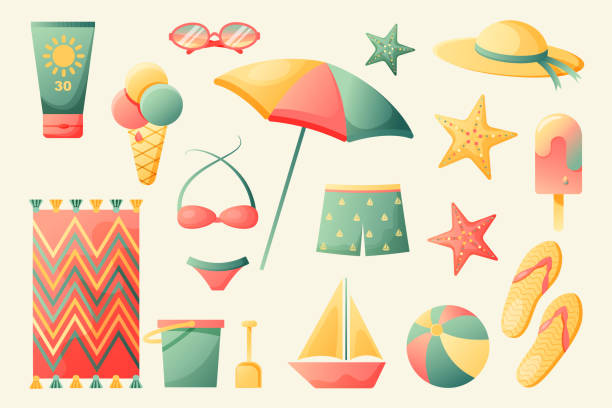 Beach items collection. Summer stuff set. Vector illustration. Beach items collection. Summer stuff set. Vector illustration. flip flop sandal beach isolated stock illustrations