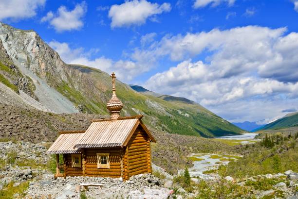 christian church in a mountain valley christian church in a mountain valley altay state nature reserve stock pictures, royalty-free photos & images