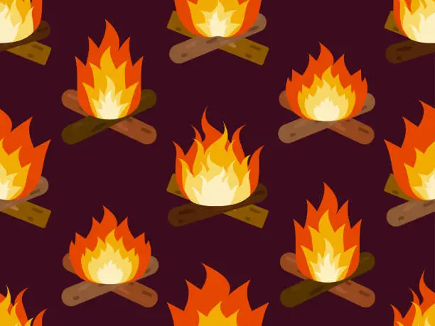 Vector illustration of Burning bonfire seamless pattern. Burning firewood and flames in flat style. Design for print, banners and wrapping paper. Vector illustration