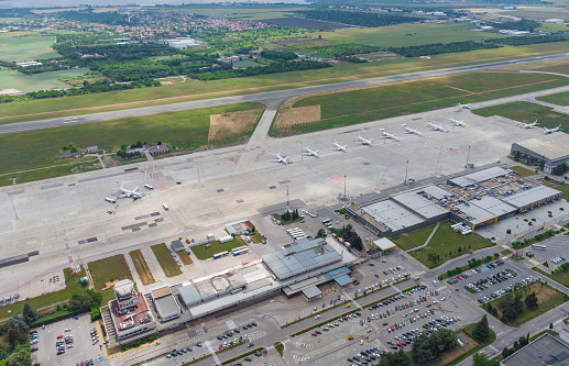 Airport with airplanes, aerial top view