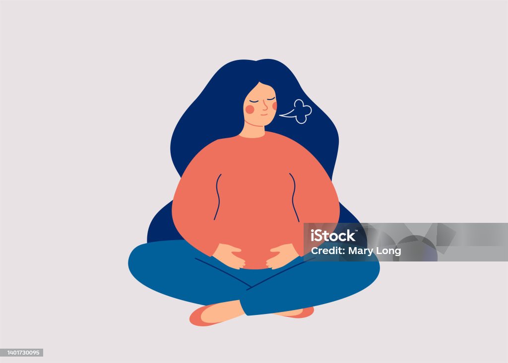Pregnant Woman makes Breathing exercise. Female expecting a child sits in pose lotus makes a exhale. Respiratory system support during maternity. Pregnant Woman makes Breathing exercise. Female expecting a child sits in pose lotus makes a exhale. Respiratory system support during maternity. Health and wellbeing concept. Vector Breathing Exercise stock vector