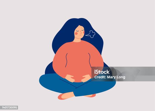Pregnant Woman Makes Breathing Exercise Female Expecting A Child Sits In Pose Lotus Makes A Exhale Respiratory System Support During Maternity Stock Illustration - Download Image Now