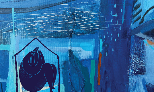 Woman sitting on the floor trapped in her house – feeling trapped in a life. Rain drops on the right are symbol for sadness, tears and crying. Creative illustration made from putting together detail from abstract acrylic painting as a background and hand drawn doodle elements.