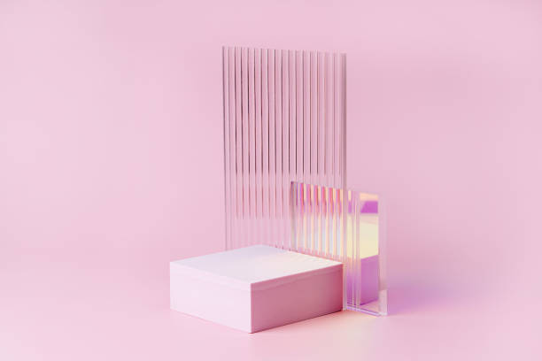 Empty podium for product display. Monochrome Pedestal with ribbed  glass on pink background. Stylish background for presentation. Minimal style. Empty podium for product display. Monochrome Pedestal with ribbed  glass on pink background. Stylish background for presentation. Minimal style. pedestal photos stock pictures, royalty-free photos & images