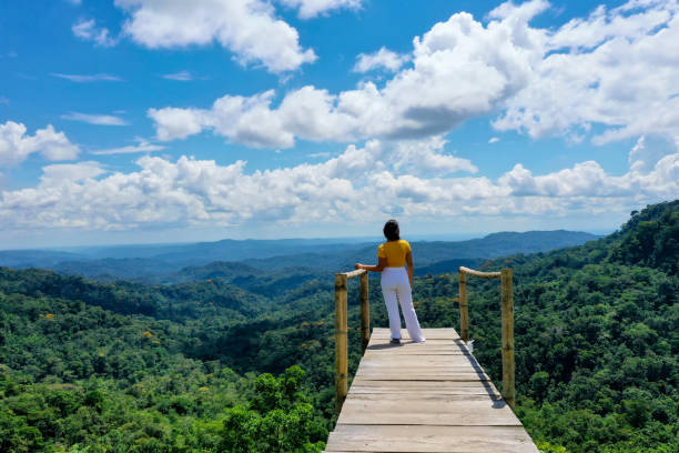A tourist in south america of hispanic ethnicity is walking over a viewpoint that shows a vast tropical forest, relaxing nature background A tourist is walking over a viewpoint looking out over a tropical forest peruvian amazon stock pictures, royalty-free photos & images