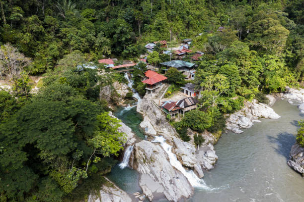 um paraíso tropical: pequenas pousadas constroem ao lado de um rio de montanha cristalino com muitas cascatas cercadas por floresta tropical - tena - fotografias e filmes do acervo