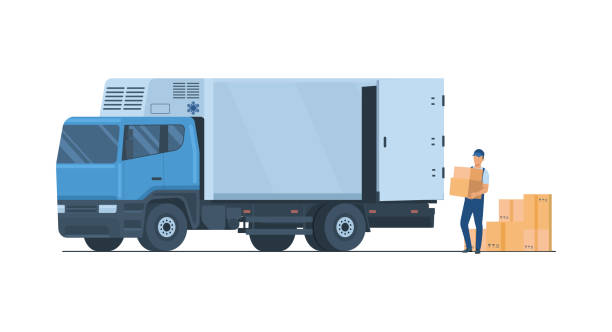 illustrazioni stock, clip art, cartoni animati e icone di tendenza di l'autista scarica le scatole da un camion frigorifero. illustrazione vettoriale. - truck transportation fish industry