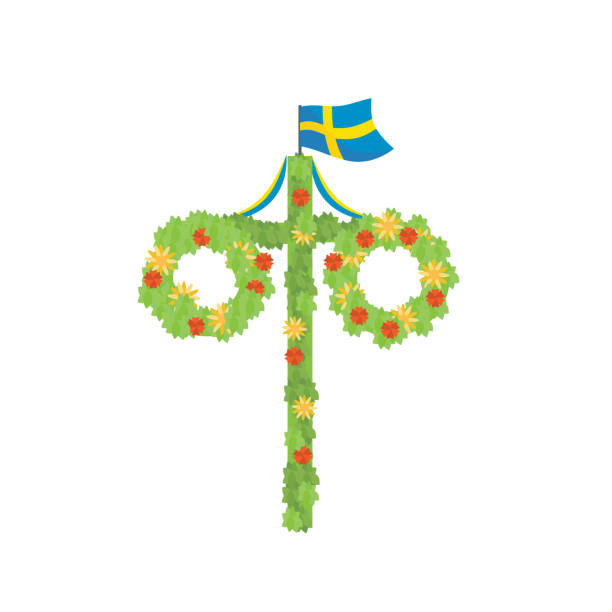 Midsummer floral wreaths, Swedish flag, maypole decorated, covered in flowers, leaves. Midsummer traditional Swedish symbol. Card (Kort) Glad Midsommar. White background. Happy family summer holiday Midsummer floral wreaths, Swedish flag, maypole decorated, covered in flowers, leaves. Midsummer traditional Swedish symbol. Card (Kort) Glad Midsommar. White background. Happy family summer holiday swedish summer stock illustrations