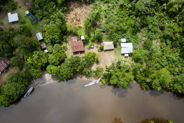Top view of small houses in an indigenous community in the Amazon rainforest with canoes in the river which are used for transport Top view of small houses in an indigenous community in the Amazon rainforest peruvian amazon stock pictures, royalty-free photos & images