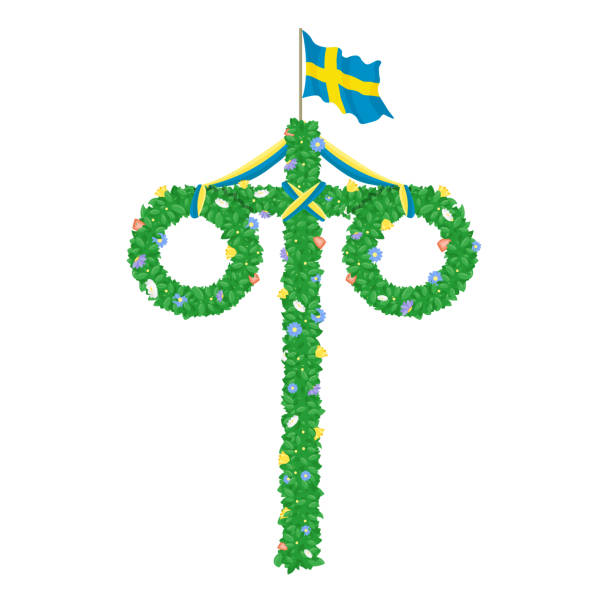 真夏の花輪、スウェーデンの国旗、メイポールの装飾、花、葉で覆われています。真夏の伝統的なスウェーデンのシンボル。カード(コルト)グラッドミッドソマー。白い背景。幸せな家族の� - european culture europe national flag flag点のイラスト素材／クリップアート素材／マンガ素材／アイコン素材