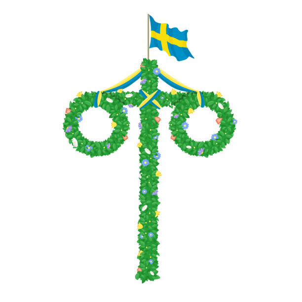 bildbanksillustrationer, clip art samt tecknat material och ikoner med midsummer floral wreaths, swedish flag, maypole decorated, covered in flowers, leaves. midsummer traditional swedish symbol. card (kort) glad midsommar. white background. happy family summer holiday - midsommar sverige