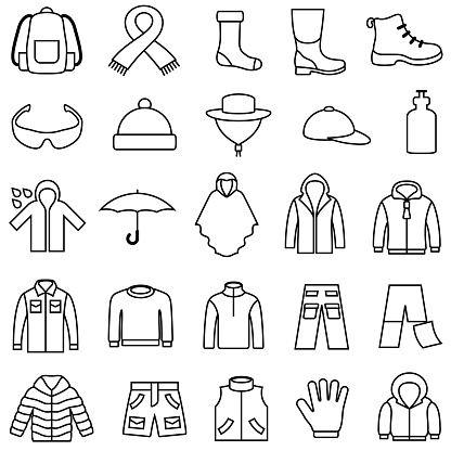 Single color isolated outline icons of outdoor clothing. Line thickness can be easily changed.