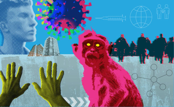 Monkeypox Art Collage Collage styled urban graphic for Monkeypox concept. Virus, fever, infection, Illness, infectious disease, Monkey, mpox stock illustrations