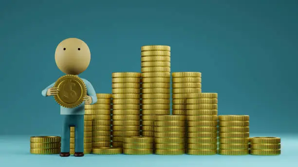 Photo of Portrait of a cartoon character with a stack of money. 3d rendering