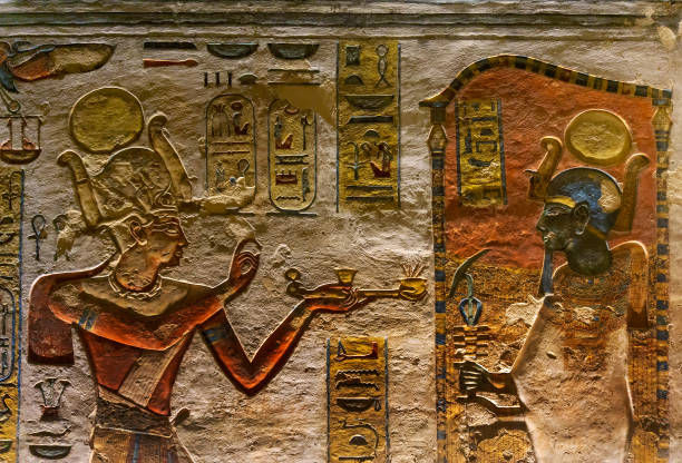Painting Reliefs shown queen Nefertari and her spirit in the form of the human-headed ba-bird . Valley of Queens .Luxor .Egypt.