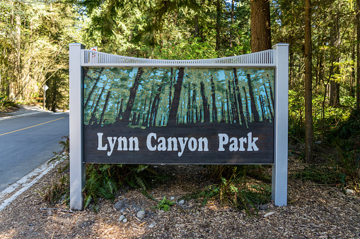 North Vancouver, BC, Canada - April 20 2021 : Sign of Lynn Canyon Park.