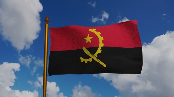 Bandera nacional de Angola ondeando 3D Render con asta de bandera y cielo azul, bandera textil de la República de Angola, Movimiento Popular para la Liberación de Angola MPLA photo