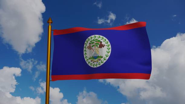 национальный флаг белиза развевается 3d render с флагштоком и голубым небом, день независимости белиза был 21 сентября 1981 года, флаг белиза текс� - flag of belize стоковые фото и изображения